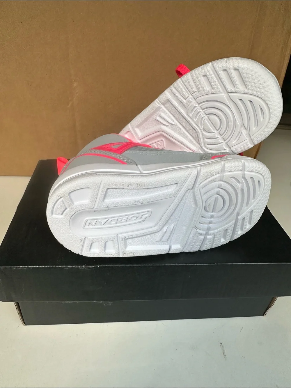 Jordan Kids Grey Sneakers with Neon Pink Accents